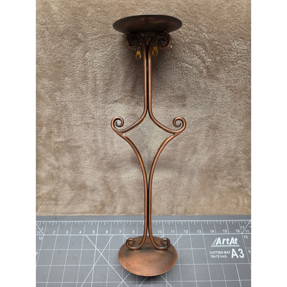 Vintage 21 Inch Copper Metal Pillar Candle Holder Stand with Amber Glass Charms